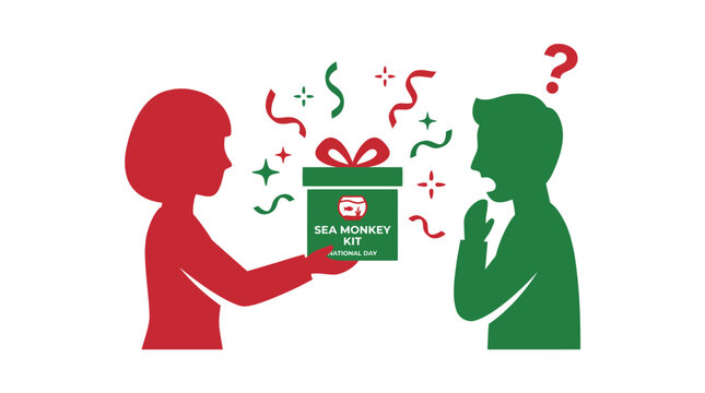 Woman Giving Sea Monkey Kit Gift to Surprised Man Illustration
