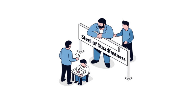 Isometric Illustration of People Interacting with Steadfastness Sign.