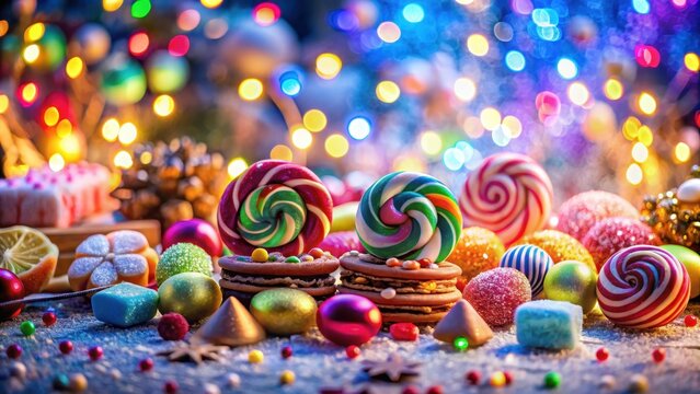 A photo of a candy land filled with colorful sweets and treats, glistening under bright lights, surrounded by glittering decorations