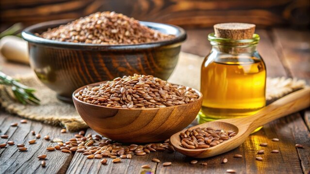 A photo of flaxseeds in a spoon and bowl with a bottle of flaxseed oil and flaxseed flour