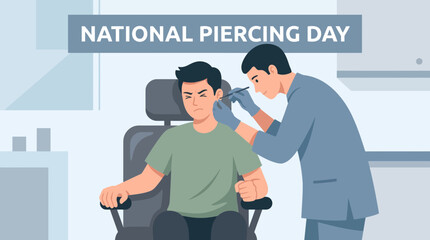 Fototapeta premium Flat vector illustration for National Piercing Day with ear piercing scene