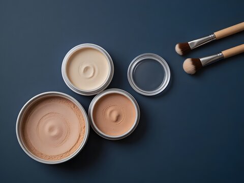 Flat lay of makeup pots and brushes for beauty and cosmetic application