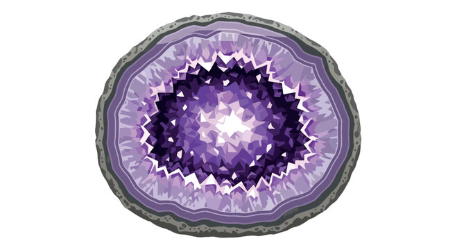 A detailed cross-section of a natural amethyst geode displaying vibrant purple quartz crystal points, multi-layered mineral bands, and a rugged grey outer rock shell specimen.