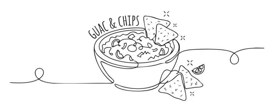 Minimalist single line art illustration of tortilla chips with guacamole in a bowl for a mexican food menu design concept, black and white vector sketch