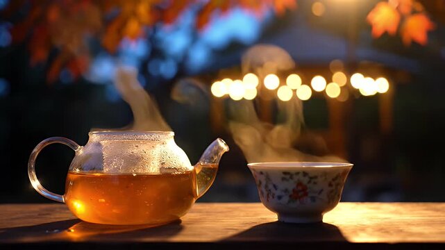 Steaming hot herbal tea in a glass teapot and ceramic cup on a wooden table at dusk.