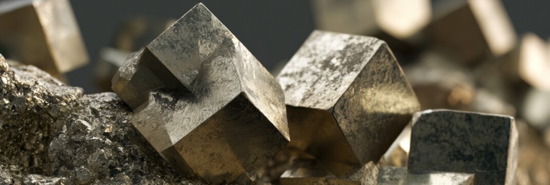 Raw pyrite mineral displays perfect cubic shapes with shiny surfaces, highlighting golden geometry in nature under side lighting.