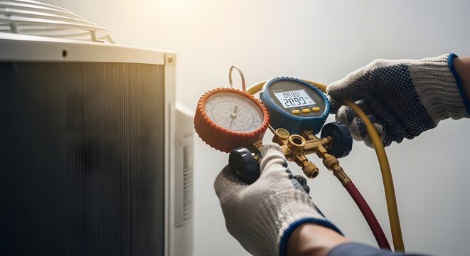 HVAC Technician Checking AC Pressure with Gauges