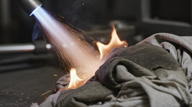 Industrial Torch Ignites Fabric with Sparks and Flames in Close-Up