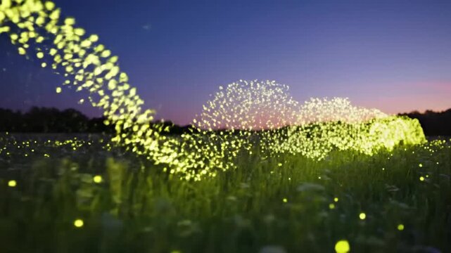 Bioluminescent Fireflies Glowing in Night Meadow Swirl Pattern and Soft Bokeh Lights Over Grass Field during Summer Evening Atmospheric Scene
