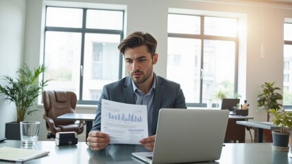 Fototapeta premium Businessman at desk reviewing paperwork and laptop data, workplace environment with modern furniture and natural light.