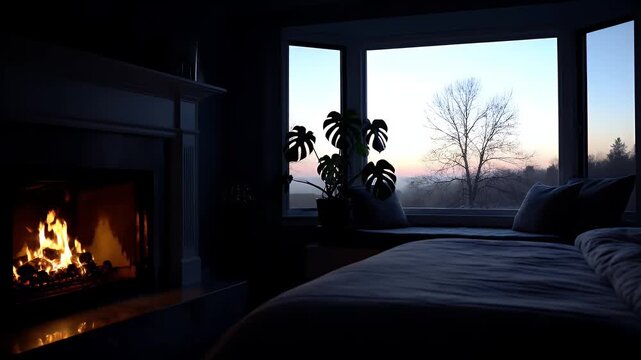 Cozy bedroom fireplace featuring a morning sunrise view through a large window frame