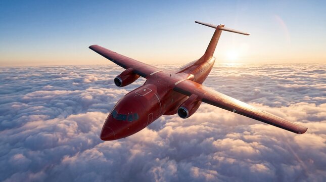 Red private jet flying high above a dense layer of white clouds during a bright sunset with warm sunlight glowing through the sky and atmosphere