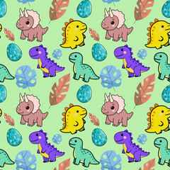 Seamless vector pattern with cute cartoon dinosaurs, colorful eggs, and tropical leaves on a light green background. Ideal for kids apparel, nursery decor, and wrapping paper © John_Doo78