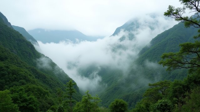 A serene misty mountain forest, with a clear trail through the lush greenery.