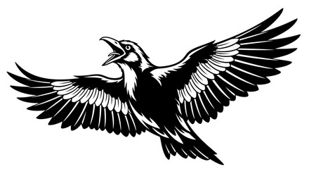 Fototapeta premium Dynamic Raven Bird Silhouette with Wide-Spread Wings and Open Beak, Flying on Isolated White Background