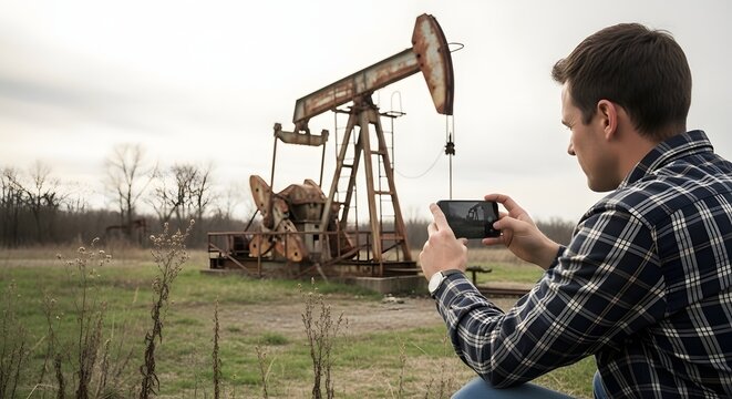 Man Taking Photo of an Old Oil Pumpjack with Smartphone