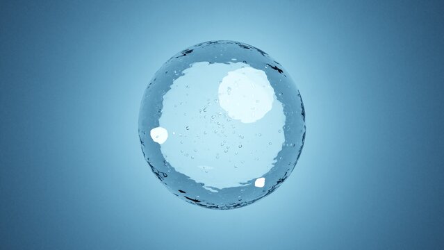水滴や気泡が浮かぶ青い液体の球体と抽象的な背景の輝き Blue liquid sphere with floating water drops bubbles and abstract background glow