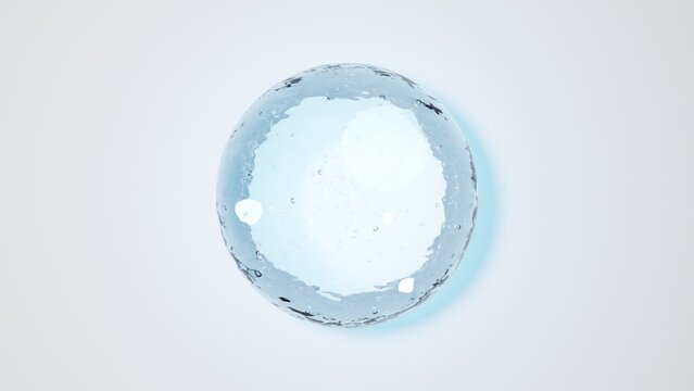気泡を内包する透明な水の球体と白背景の抽象イメージ Transparent water sphere containing air bubbles abstract image on white background