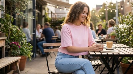 Fototapeta premium Young woman enjoying coffee at an outdoor cafe table on a sunny day