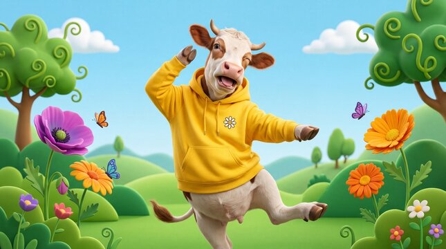 Cheerful cartoon cow wearing a yellow hoodie dancing happily in a sunny green meadow filled with colorful flowers and butterflies under a blue sky
