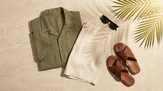 Summer men's fashion flat lay with linen shirt, shorts, sunglasses and sandals