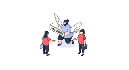 Fototapeta premium Isometric Illustration of People with Wings Holding a Box of Funds.
