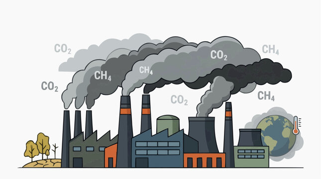 Industrial pollution contributing to global warming, highlighting gas emissions, environmental impact, and climate change.