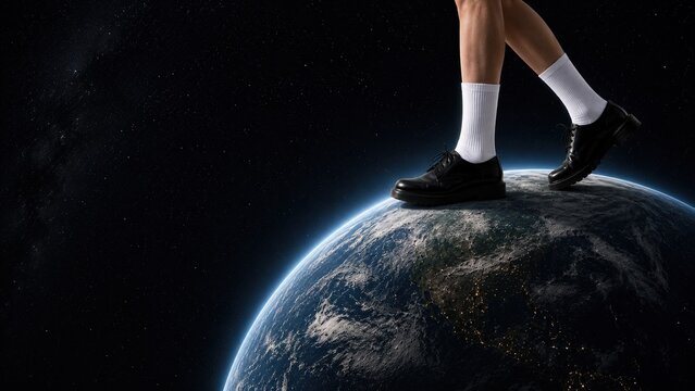 Surreal concept of human feet in black shoes and white socks standing on Earth, a creative idea of ​​moonwalking with stars, a universe background, and space for text. Concept of feet on the ground