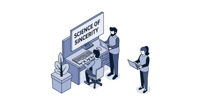 Isometric illustration of people working on the science of sincerity concept.