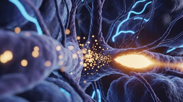 Abstract CGI Representation Highlighting Reduced Dopamine Transmission in the Brain with Vibrant Neural Pathways and Glowing Neurotransmitters Against Dark Background