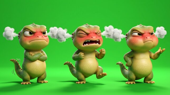 Three Cartoon Dinosaurs Displaying Anger and Frustration on Green Background.
