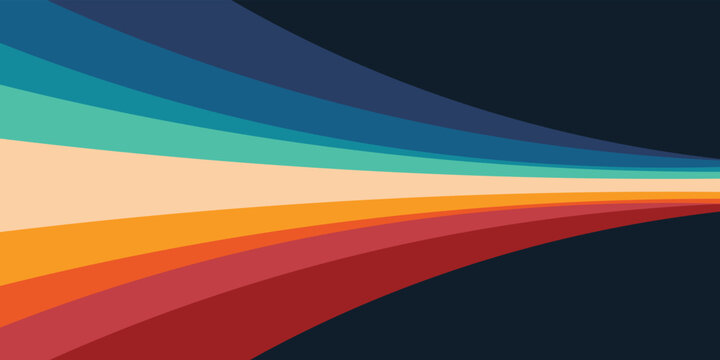 Abstract colorful 70s background vector. Vintage retro style wallpaper with lines, rainbow wavy stripes. 1970 color illustration design suitable for poster, banner, decorative, wall art.