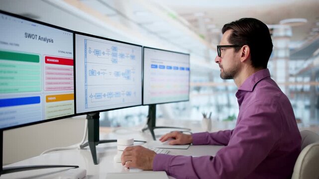 Business Analyst Carefully Edits Strategic Flow Diagram During Remote Project
