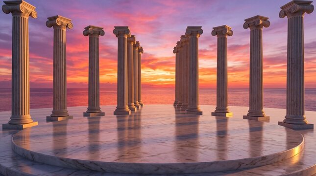 Ancient Greek ionic columns standing on a marble platform overlooking a calm ocean during a vibrant sunset with pink and orange clouds in the sky