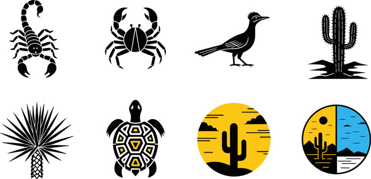 Desert, wildlife, icon, set, featuring, scorpion, crab, roadrunner, cactus, agave, turtle, sunset, landscape, illustrations, isolated, black, silhouette, nature, elements, for, logo, design,