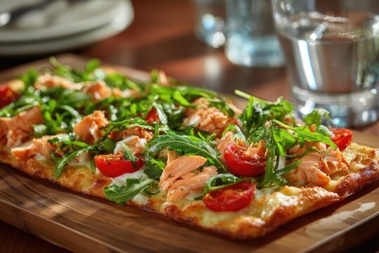 Rectangle flatbread topped with salmon, arugula, tomatoes on wooden board