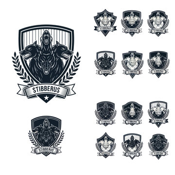 Cerberus Mythology Emblem Set, Greek Hound Heraldry, Mythical Creature Crests