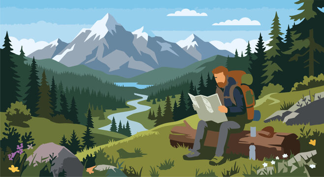 Flat Vector A backpacker reading a map while sitting on a log, surrounded by untouched, majestic nature.