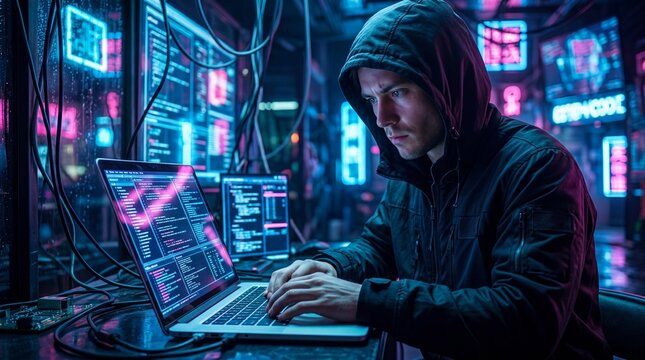 Young man wearing a dark hoodie working on a laptop computer with glowing lines of code on multiple screens in a dark high tech room