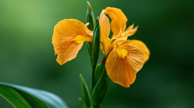 golden iris flower closeup with soft green blurred botanical background