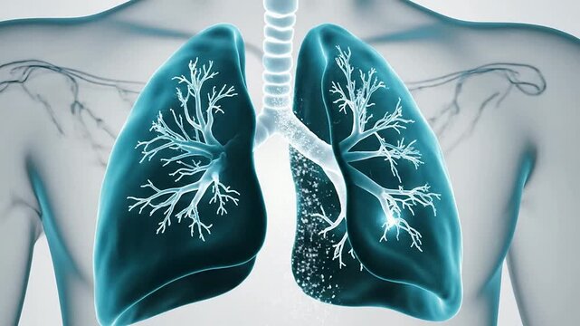 Abstract CGI Representation Of Modern Pulmonary Recovery With Illuminated Anatomical Lungs Against Soft Gradient Background