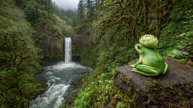 A green frog wearing a flower sits on a rock, with a waterfall and lush forest in the background
