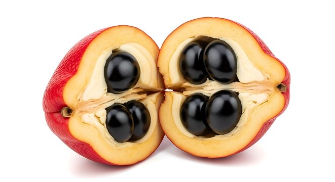 Freshly opened ackee fruit halves with black seeds on white background