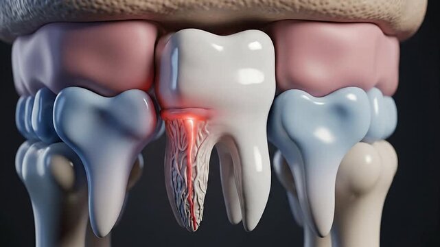 Abstract CGI Representation of Tooth Mobility Concept Highlighting Dental Structures With Vibrant Coloration and Detailed Root Anatomy