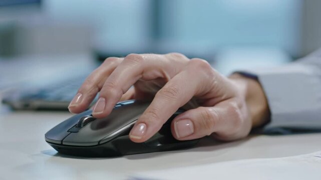 Close-up of a person's hand using a computer mouse in an office setting, focused on digital interaction and work.