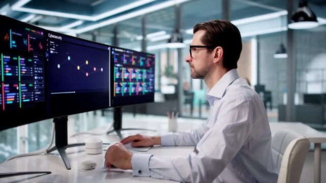 Cybersecurity Analyst Carefully Monitors Network Threats