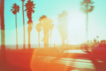 Obraz premium Coastal highway with palm trees and light leaks during sunset on a clear day