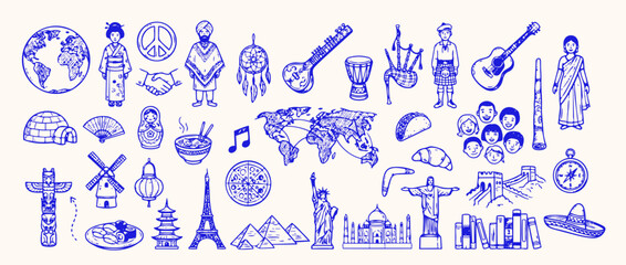Fototapeta premium Global Cultural Icons: An artistic collection of iconic symbols representing diverse cultures and landmarks from across the globe, inviting exploration and appreciation of the world's rich heritage.