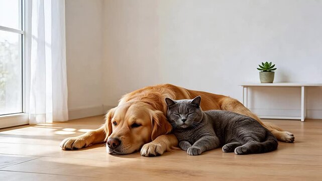 Dog and cat sleeping together