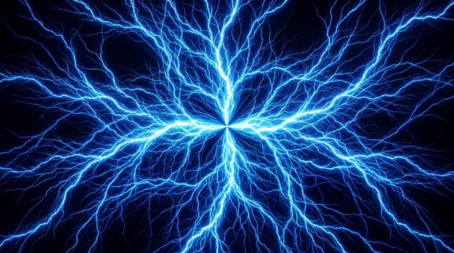 Electric blue lightning discharge radiating from a central point against a dark background creating a powerful energy burst and cosmic plasma effect